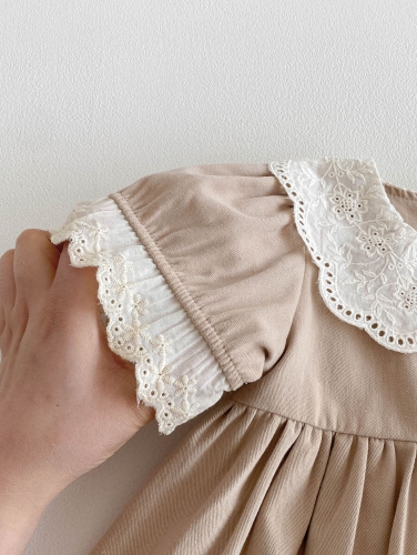 Summer Infant Baby Girls Color Patchwork Long Sleeves Flowers Embroidered Collar One Piece Dress Wholesale