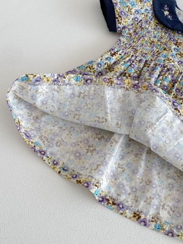 Summer Infant Baby Girls Short Sleeves Peter Pan Collar Vintage Floral One Piece Dress Wholesale