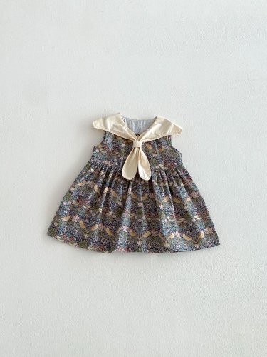 Summer Infant Baby Girls Sleeveless Navy Collar Vintage Floral One Piece Dress Wholesale Summer Infant Baby Girls Sleeveless Navy Collar Vintage Floral One Piece Dress Wholesale