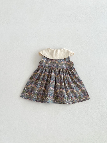 Summer Infant Baby Girls Sleeveless Navy Collar Vintage Floral One Piece Dress Wholesale