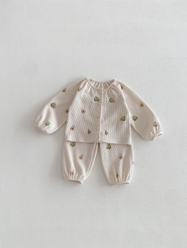 2026 Spring Infant Baby Kids Girls Long Sleeves Fruits Pattern Waffle Grid Top with Pants Sets Wholesale
