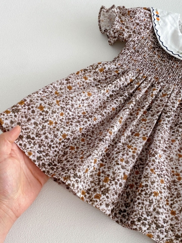 Summer Infant Baby Girls Short Sleeves Crew Neck Vintage Floral One Piece Dress Wholesale