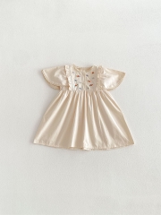 Summer Infant Baby Girls Short Sleeves Crew Neck Flowers Embroidery One Piece Dress Wholesale