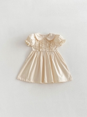 Summer Infant Baby Girls Short Sleeves Peter Pan Collar Solid Color One Piece Dress Wholesale