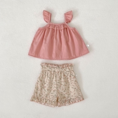 2026 Summer Infant Baby Kids Girls Sleeveless Pink Top Vest with Floral Shorts Sets Wholesale