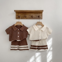 2026 Summer Infant Baby Kids Boys and Girls Short Sleeves Top with Shorts Hollow-out Sets Wholesale