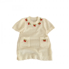 Summer Infant Baby Girls Cherry Pattern Short Sleeves One Piece Stylish Knitted Dress Wholesale