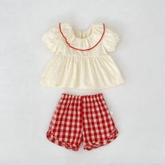 2026 Summer Infant Baby Kids Girls Short Sleeves Plain Striped Top with Plaid Shorts Sets Wholesale