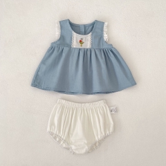 2026 Summer Infant Baby Kids Girls Sleeveless Flowers Pattern Top Dress with Plain Bloomers Sets Wholesale