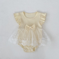 Summer Infant Baby Girls Flowers Pattern Tulle Decorated Fly Sleeves One Piece Stylish Onesies Wholesale