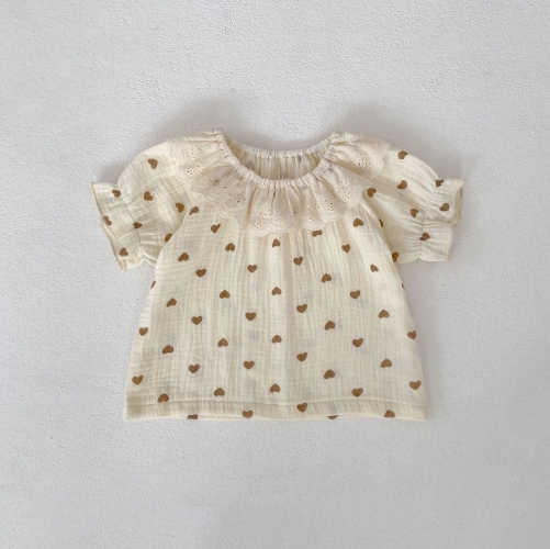 2026 Summer Infant Baby Kids Girls Short Sleeves Hearts Pattern Top with Shorts Sets Wholesale