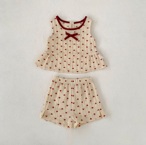 2026 Summer Infant Baby Kids Girls Sleeveless Hearts Pattern Top Vest with Shorts Sets Wholesale