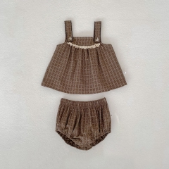 2026 Summer Infant Baby Kids Girls Sleeveless Plaid Pattern Strap Top Vest with Bloomers Sets Wholesale