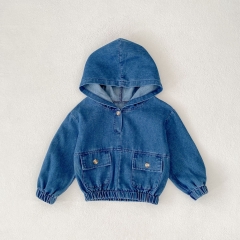 New Arrival Spring Baby Kids Unisex Long Sleeves Denim Hooded Top Wholesale