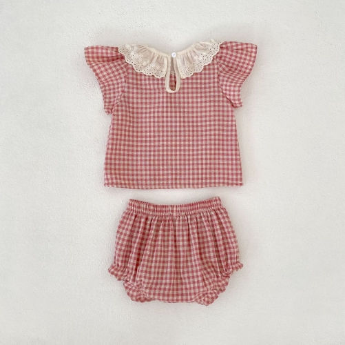 2026 Summer Infant Baby Kids Girls Short Sleeves Plaid Pattern Top with Shorts Sets Wholesale