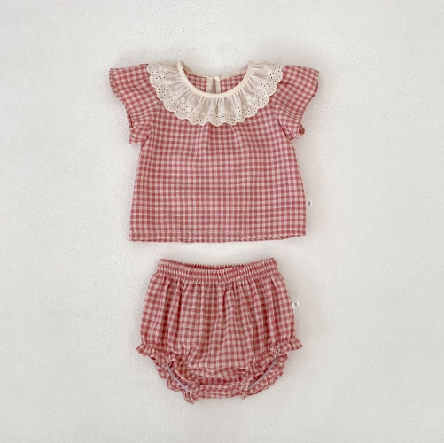 2026 Summer Infant Baby Kids Girls Short Sleeves Plaid Pattern Top with Shorts Sets Wholesale 2026 Summer Infant Baby Kids Girls Short Sleeves Plaid Pattern Top with Shorts Sets Wholesale