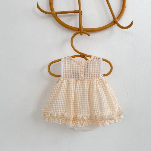 Summer Infant Baby Girls Plaid Pattern Sleeveless One Piece Lace Trim Stylish Onesies Wholesale