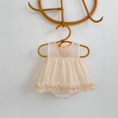 Summer Infant Baby Girls Plaid Pattern Sleeveless One Piece Lace Trim Stylish Onesies Wholesale