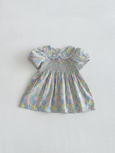 Summer Infant Baby Girls Cute Flowers Pattern Short Sleeves Lace Trim Collar One Piece Stylish Dress Wholesale