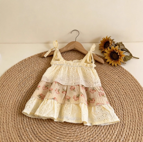 Summer Infant Baby Girls Flowers Pattern Sleeveless One Piece Hollow-out Stylish Dress Wholesale