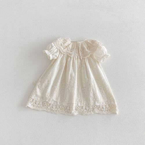 Summer Infant Baby Girls Cute Flowers Pattern Short Sleeves Lace Trim One Piece Stylish Dress Wholesale