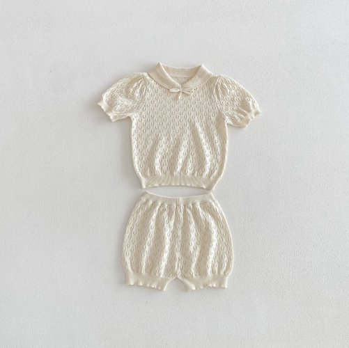 2026 Summer Infant Baby Kids Girls Short Sleeves Hollow-out Pattern Top with Shorts Sets Wholesale
