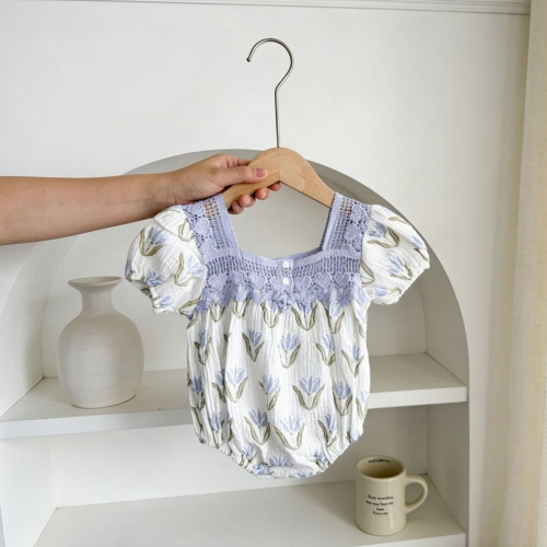 Summer Infant Baby Girls Color Patchwork Lace Trim Short Sleeves One Piece Stylish Onesies Wholesale