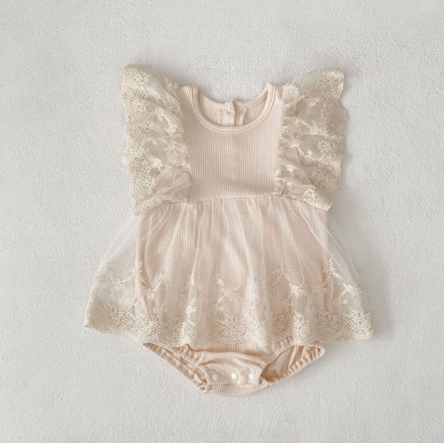 Summer Infant Baby Girls Plain Lace Trim Fly Sleeves One Piece Stylish Onesies Wholesale