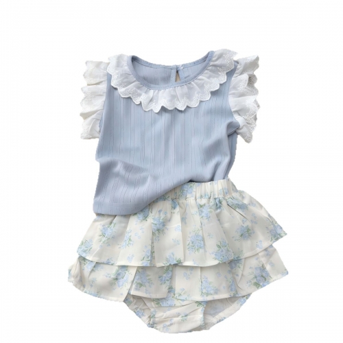 2026 Summer Infant Baby Kids Girls Fly Sleeves Lace Trim Top Vest with Floral Skirt Sets Wholesale