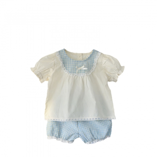 2026 Summer Infant Baby Kids Girls Short Sleeves Color Patchwork Top with Plaid Shorts Sets Wholesale