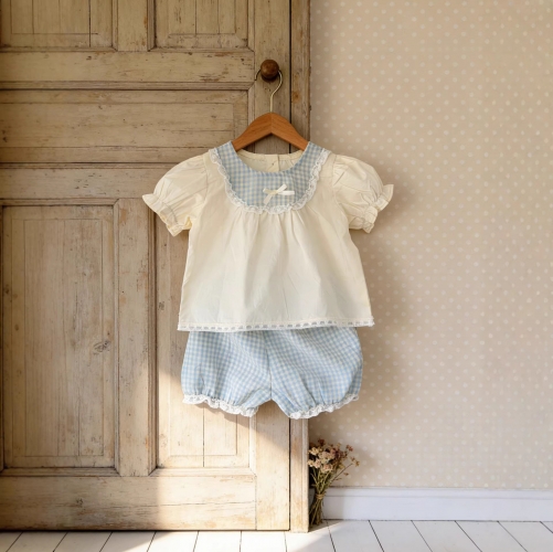 2026 Summer Infant Baby Kids Girls Short Sleeves Color Patchwork Top with Plaid Shorts Sets Wholesale