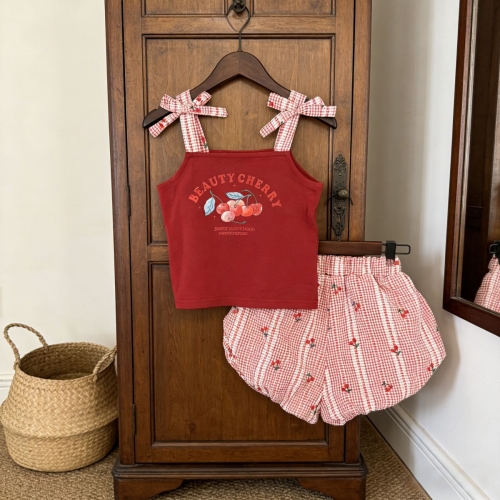 2026 Summer Infant Baby Kids Girls Sleeveless Cherry Top Vest with Plaid Shorts Sets Wholesale