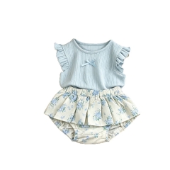 2026 Summer Infant Baby Kids Girls Striped Plain Top Vest with Floral Bloomers Sets Wholesale