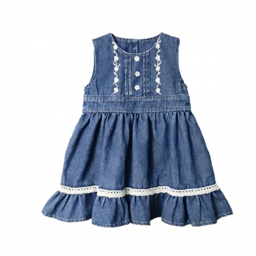 Summer Infant Baby Girls Vintage Flowers Embroidered Sleeveless One Piece Denim Dress Wholesale