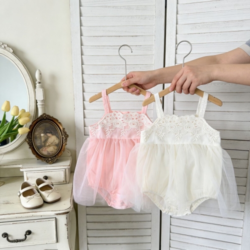Summer Infant Baby Girls Solid Color Sleeveless One Piece Stylish Tulle Decorated Onesies Wholesale