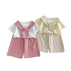 2026 Summer Infant Baby Kids Girls Short Sleeves Navy Collar T-shirt with Striped Shorts Sets Wholesale