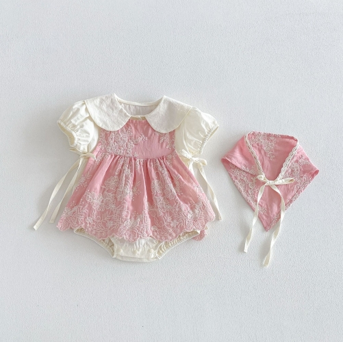 2026 Summer Infant Baby Kids Girls Sleeveless Cute Flowers Pattern Top Vest, Plain Onesies with Lace Trim Hat Sets Wholesale