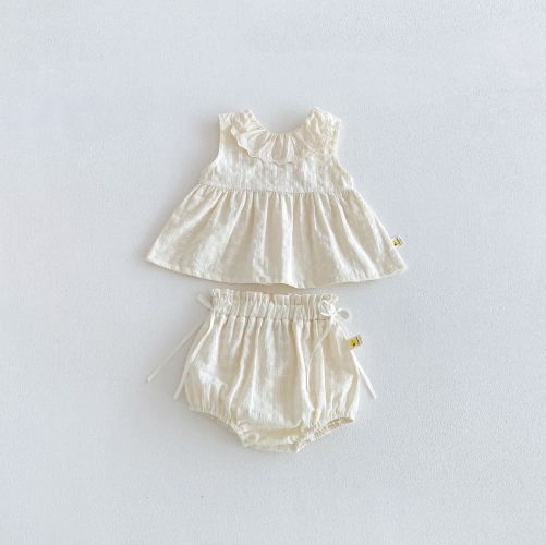 2026 Summer Infant Baby Kids Girls Sleeveless Cute Solid Color Top Vest with Plaid Pattern Bloomers Sets Wholesale