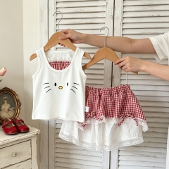 2026 Summer Infant Baby Kids Girls Sleeveless Cartoon Pattern Top Vest with Plaid Skirt Sets Wholesale
