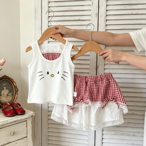 2026 Summer Infant Baby Kids Girls Sleeveless Cartoon Pattern Top Vest with Plaid Skirt Sets Wholesale