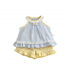 2026 Summer Infant Baby Kids Girls Sleeveless Plaid Pattern Top Vest with Plain Shorts Sets Wholesale