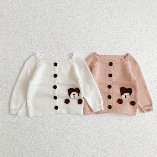 New Arrival Spring Infant Baby Kids Unisex Teddy Bear Pattern Long Sleeves Knitted Cardigan Wholesale