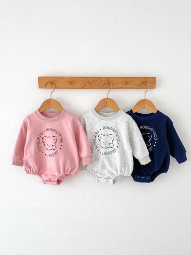 Spring Infant Baby Girls Cute Teddy Bear Cartoon Pattern Long Sleeves One Piece Onesies Wholesale