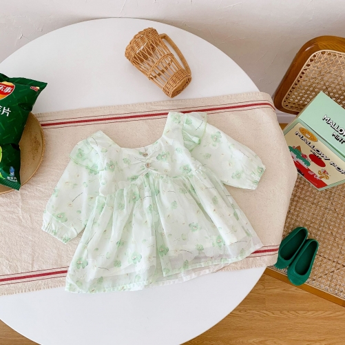 Spring Infant Baby Girls Cute Green Floral Pattern Long Sleeves Dress Wholesale