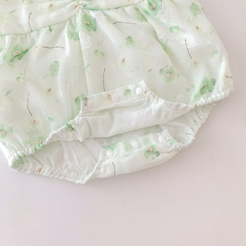 Spring Infant Baby Girls Cute Green Floral Pattern Long Sleeves Onesies Wholesale