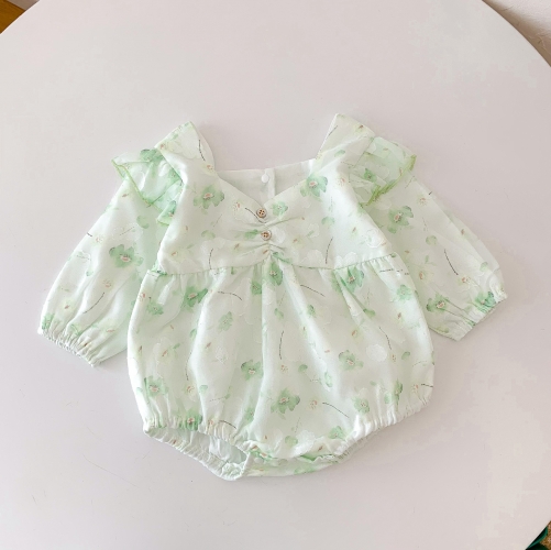Spring Infant Baby Girls Cute Green Floral Pattern Long Sleeves Onesies Wholesale