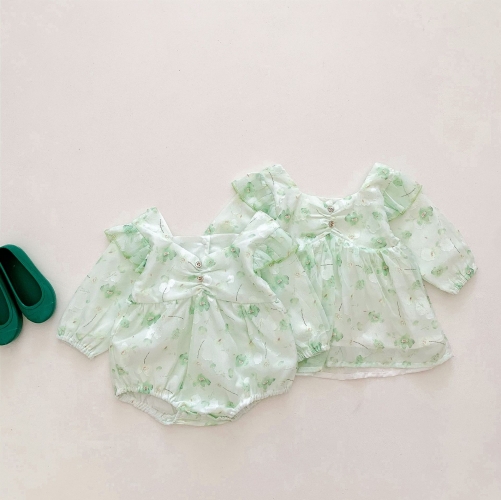 Spring Infant Baby Girls Cute Green Floral Pattern Long Sleeves Dress Wholesale