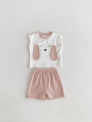 Summer Infant Baby Pink Striped Pattern Sleeveless Cartoon Vest and Shorts Set Wholesale