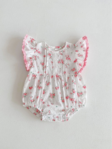 Summer Infant Baby Girls Cute Flowers Pattern Fly Sleeves One Piece Onesies Wholesale
