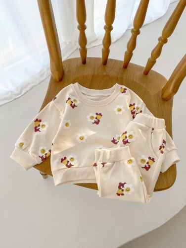 2026 Spring and Autumn Infant Baby Kids Girls Long Sleeves Floral Pattern Cartoon Pullover with Pants Sets Wholesale